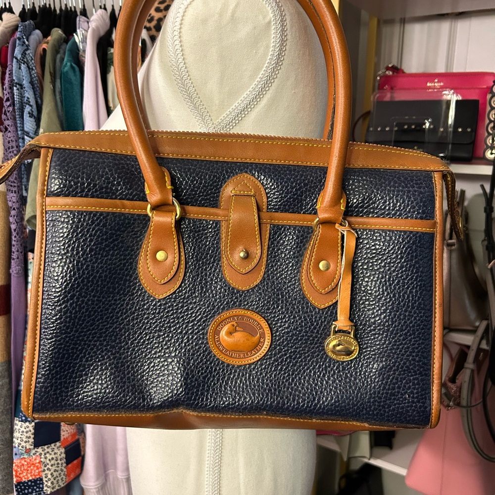 Dooney & Bourke All-Weather Leather satchel in navy blue and British tan — EUC - Picture 2 of 2